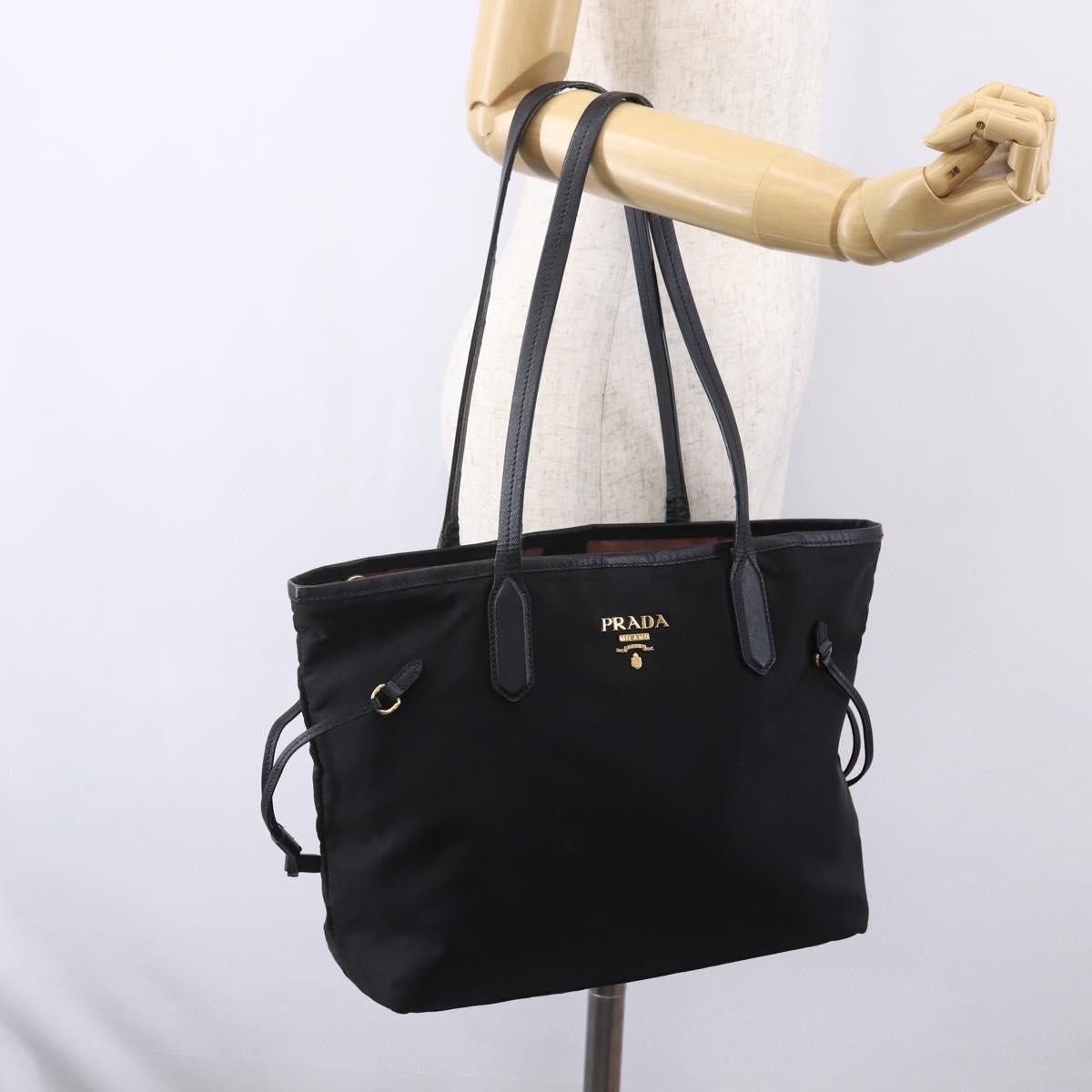 PRADA Tote Bag Nylon Black Gold Auth 154701