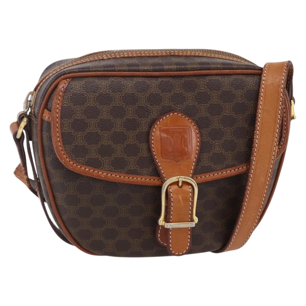 CELINE Macadam Canvas Shoulder Bag PVC Leather Brown Gold Auth 154705