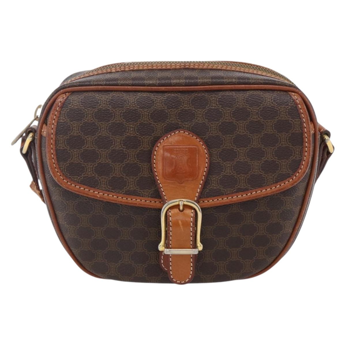 CELINE Macadam Canvas Shoulder Bag PVC Leather Brown Gold Auth 154705