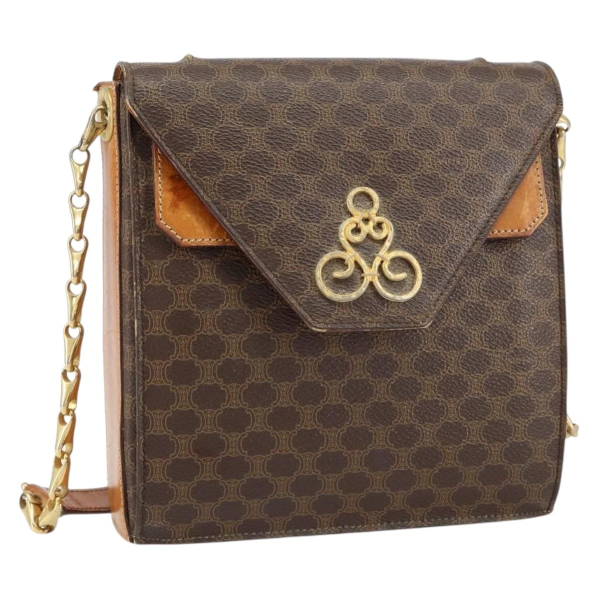 CELINE Macadam Canvas Shoulder Bag PVC Leather Brown Gold Auth 154706