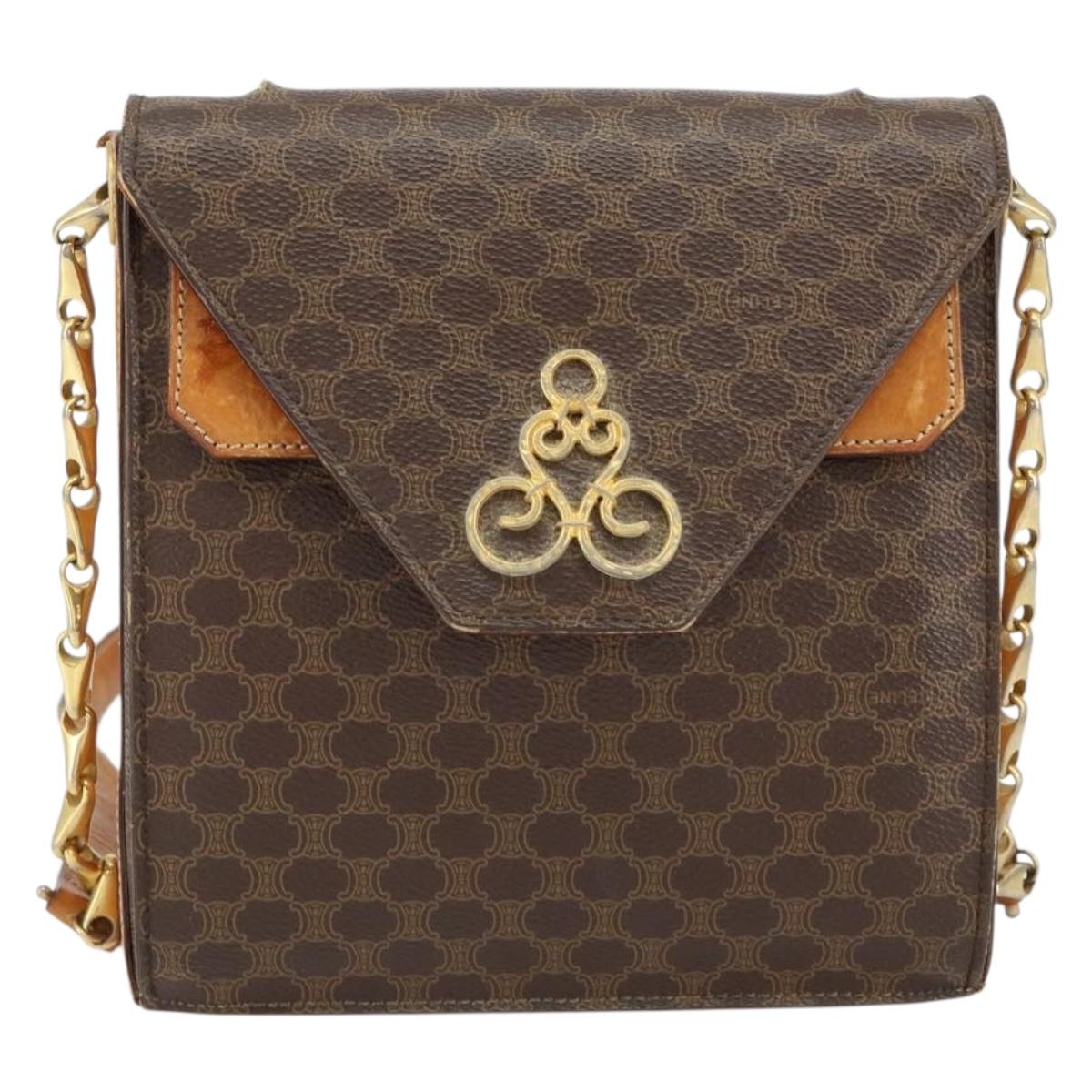 CELINE Macadam Canvas Shoulder Bag PVC Leather Brown Gold Auth 154706