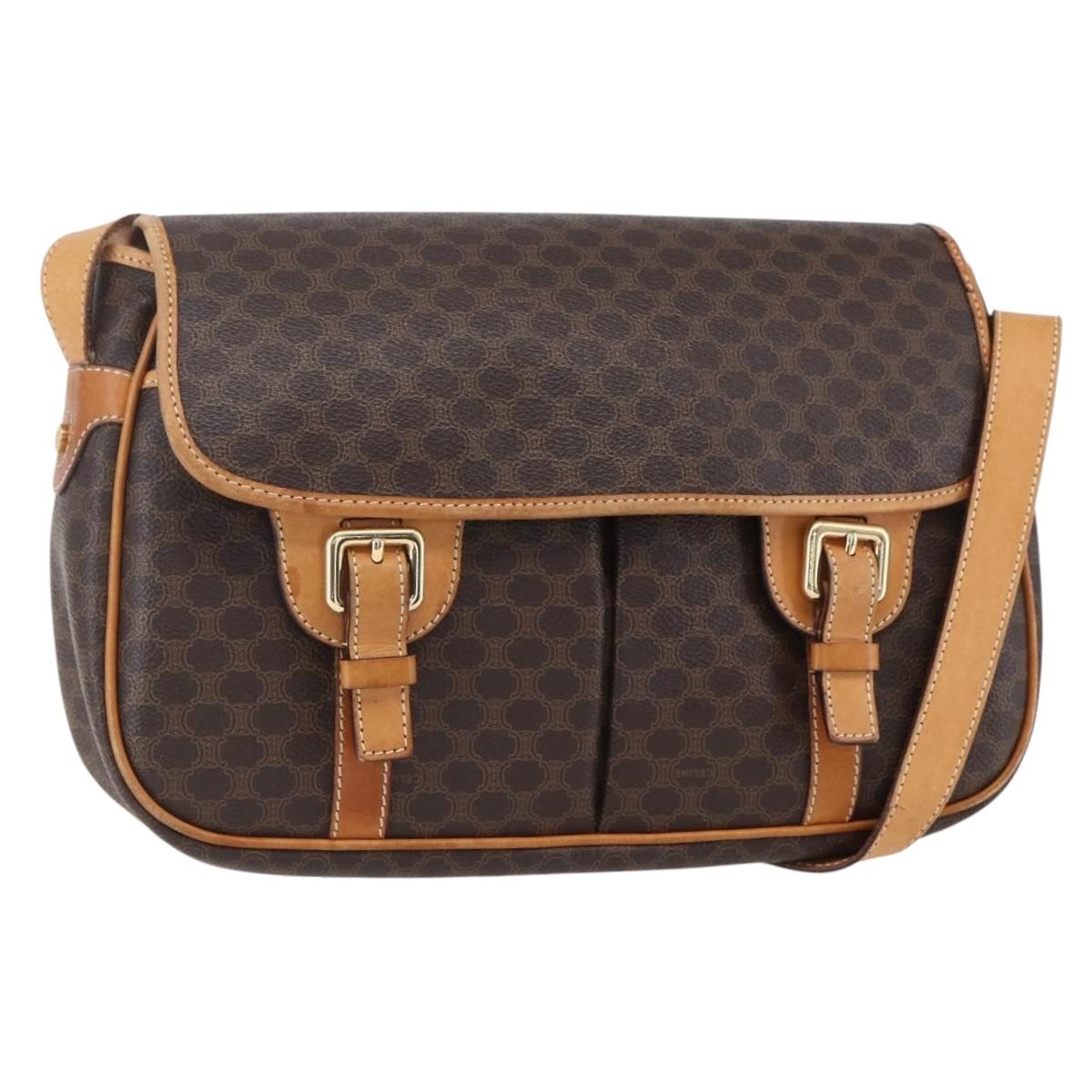 CELINE Macadam Canvas Shoulder Bag PVC Leather Brown Gold Auth 154709