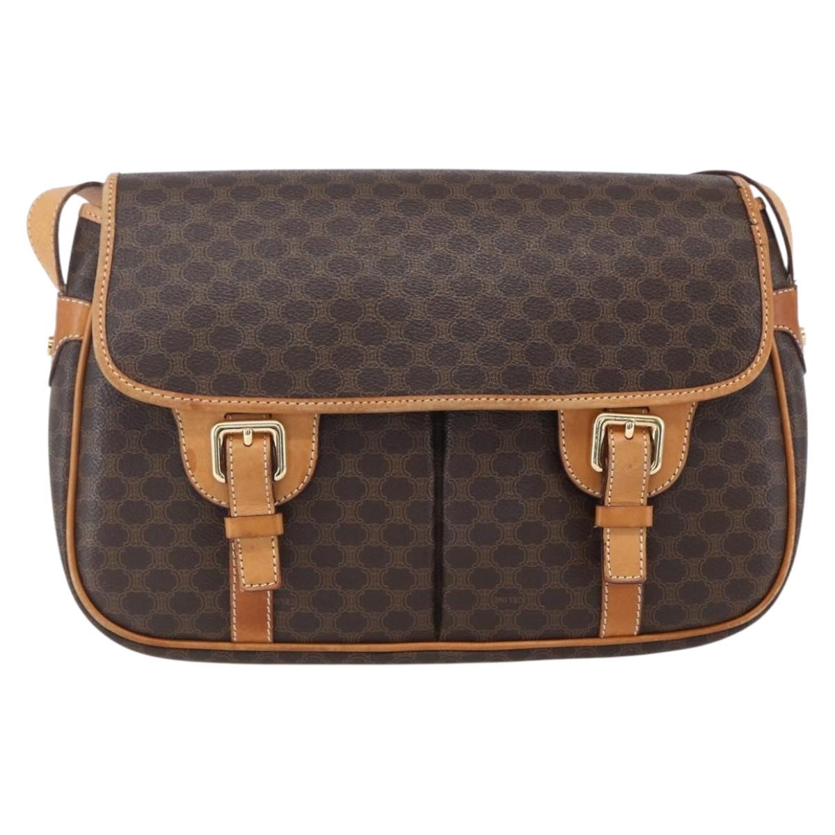 CELINE Macadam Canvas Shoulder Bag PVC Leather Brown Gold Auth 154709