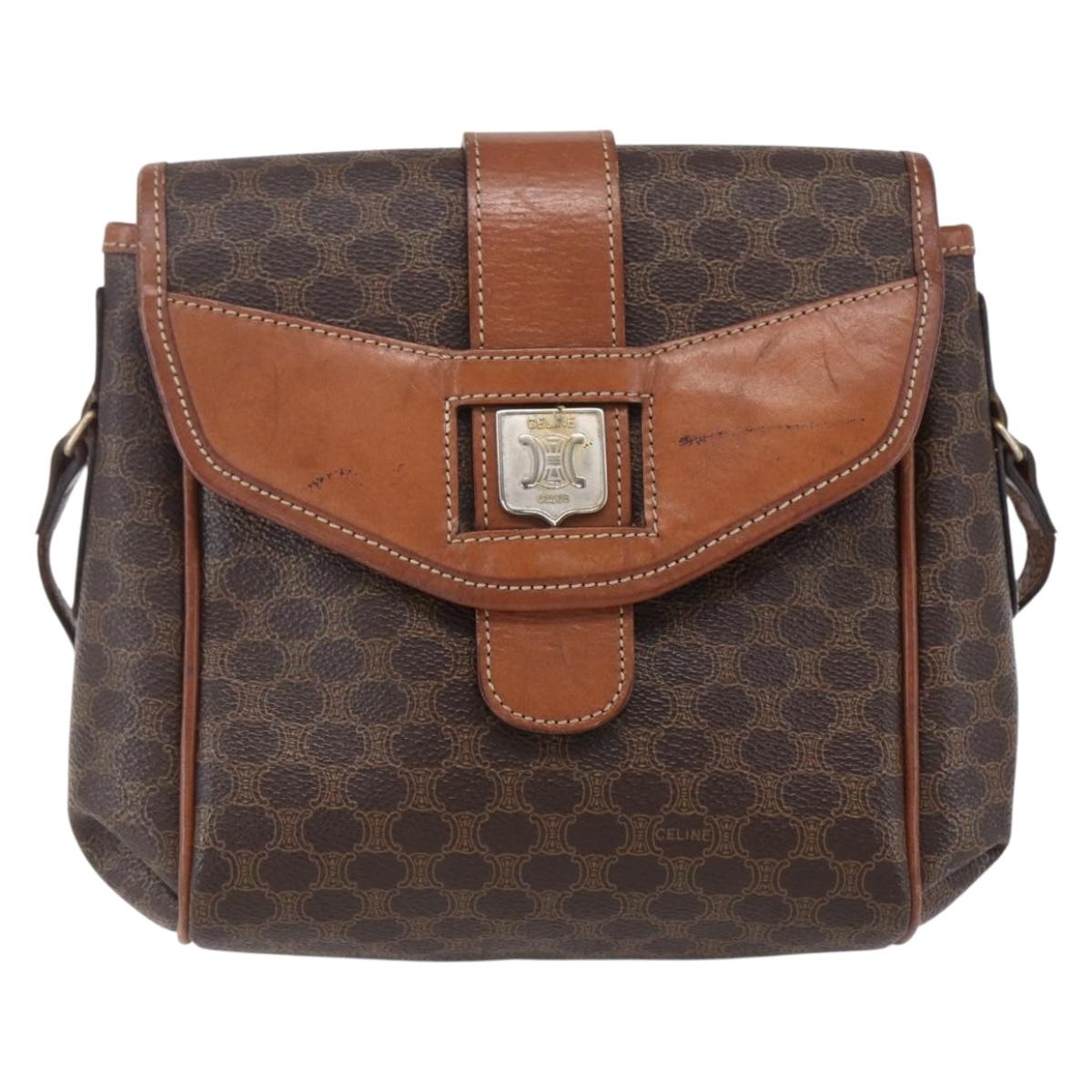 CELINE Macadam Canvas Shoulder Bag PVC Leather Brown Gold Auth 154711