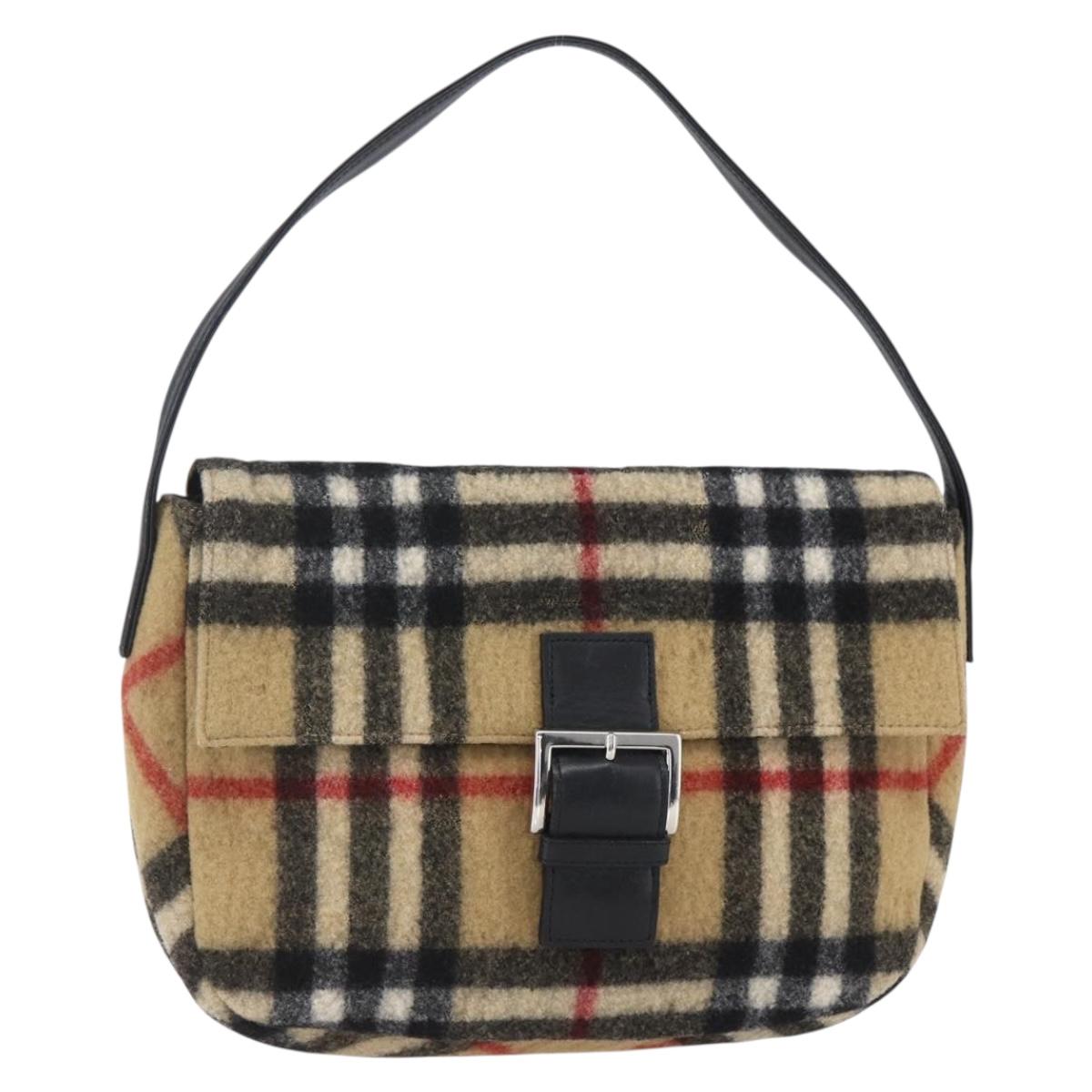 Burberrys Nova Check Shoulder Bag Wool Beige Silver Auth 154721V