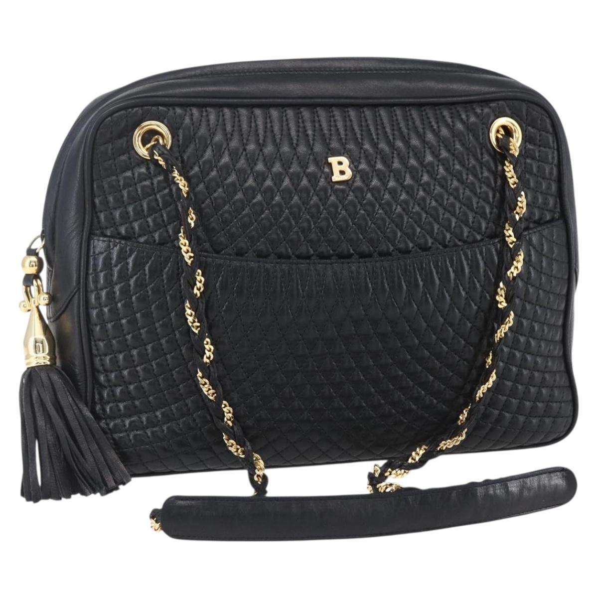 BALLY Chain Shoulder Bag Leather Black Gold Auth 154725
