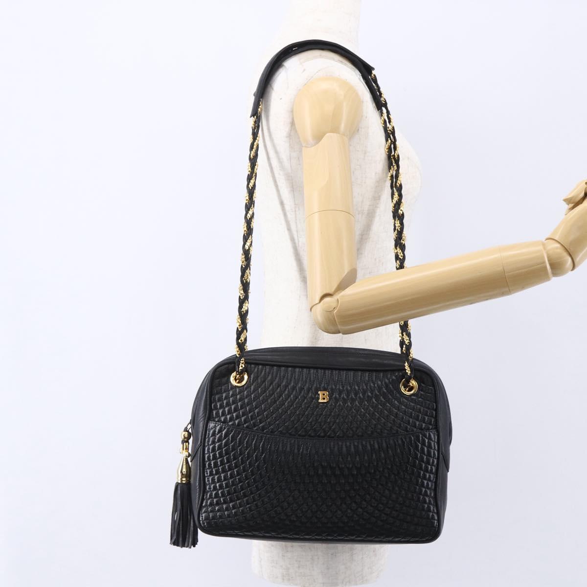 BALLY Chain Shoulder Bag Leather Black Gold Auth 154725