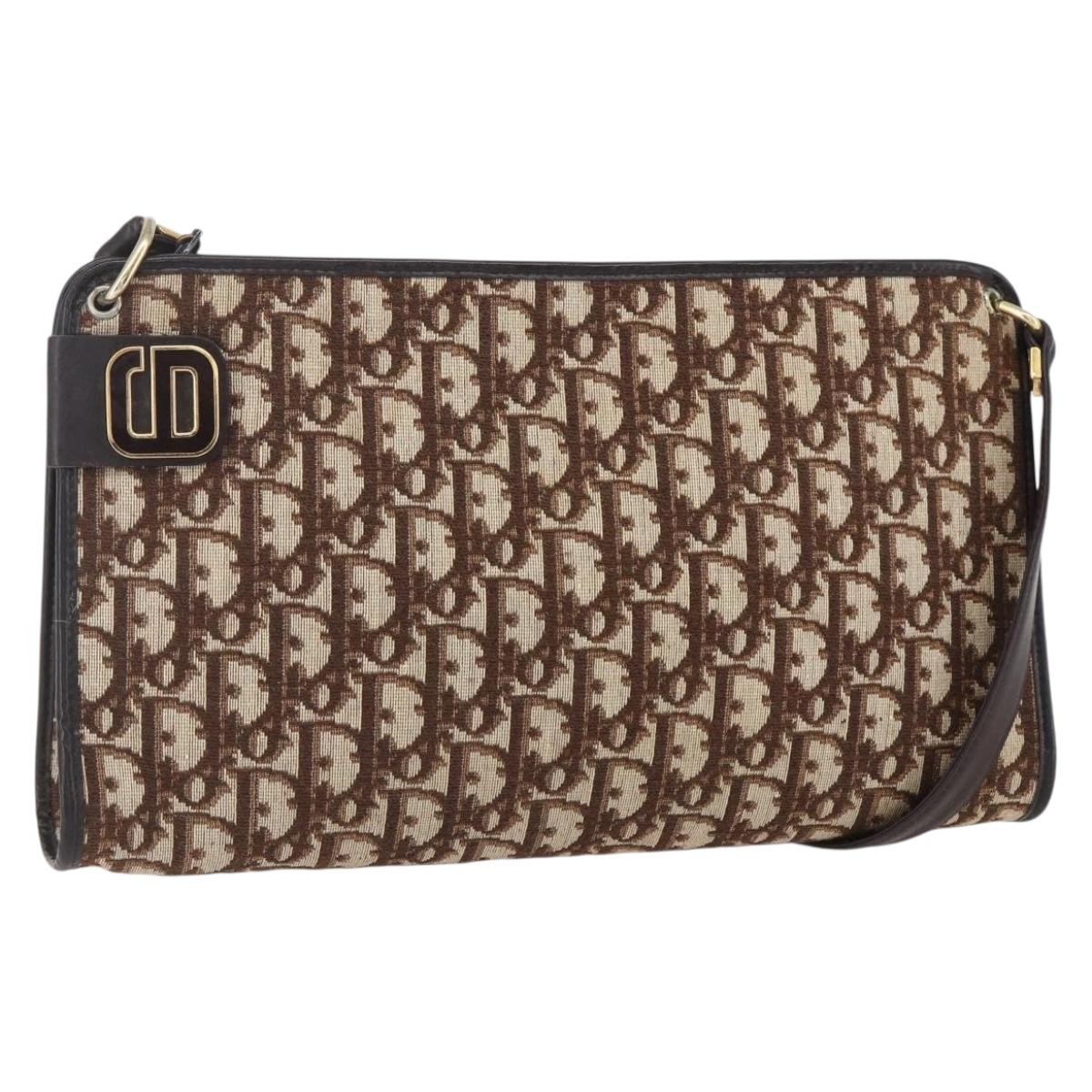 Christian Dior Trotter Canvas Shoulder Bag Brown Gold Auth 154731