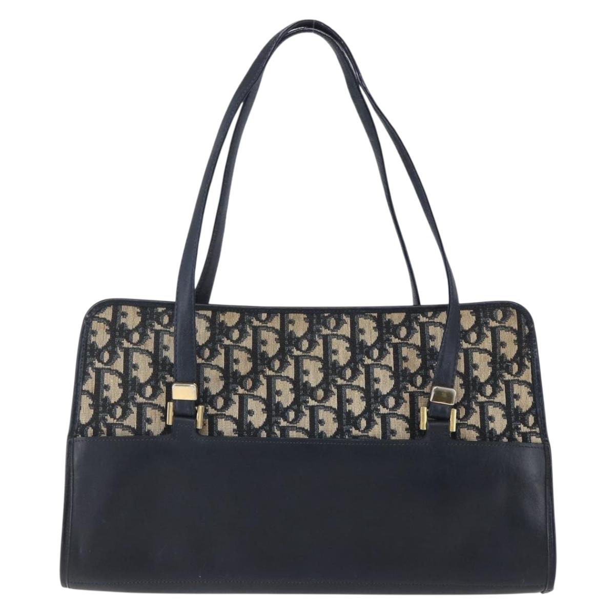 Christian Dior Trotter Canvas Hand Bag Navy Gold Auth 154735