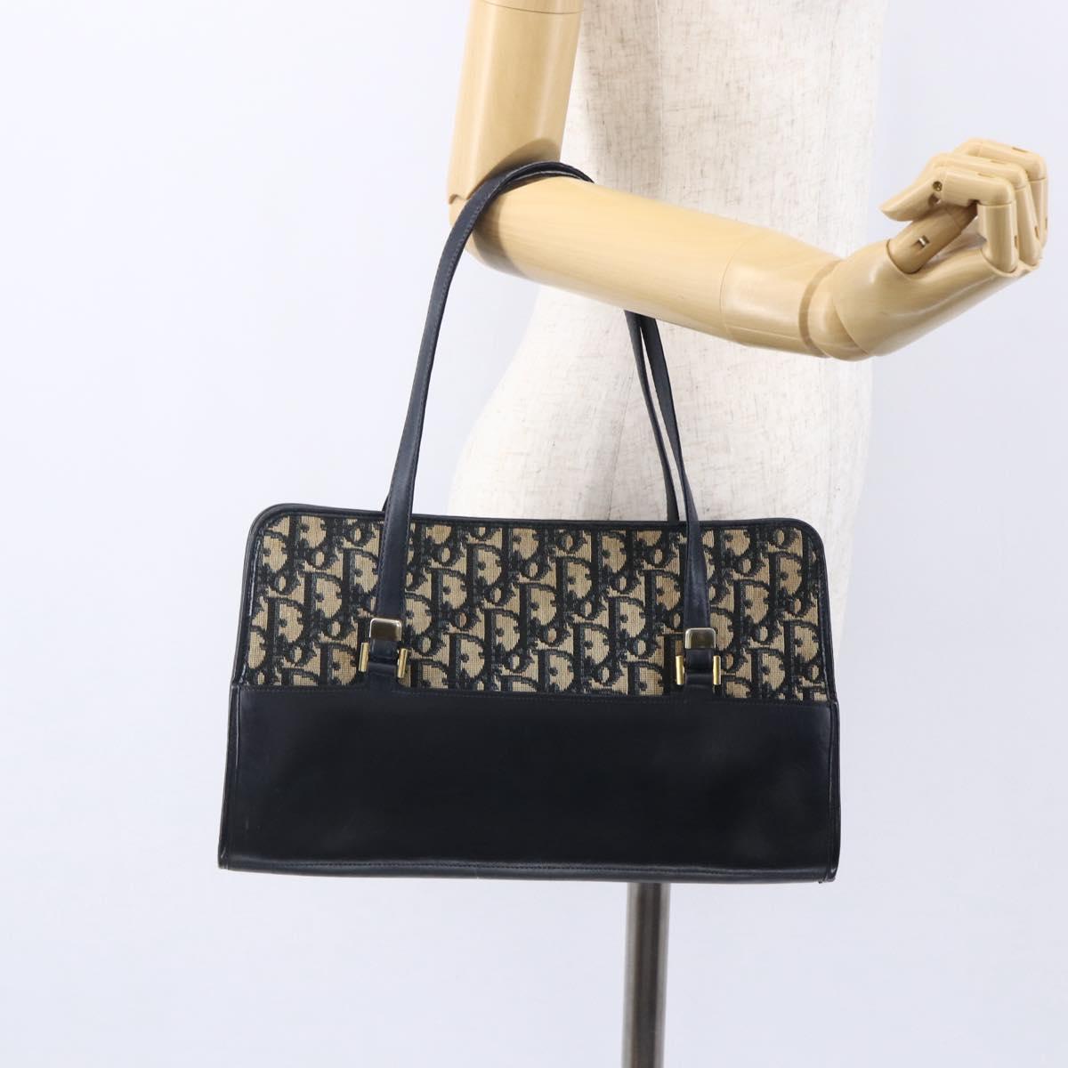 Christian Dior Trotter Canvas Hand Bag Navy Gold Auth 154735