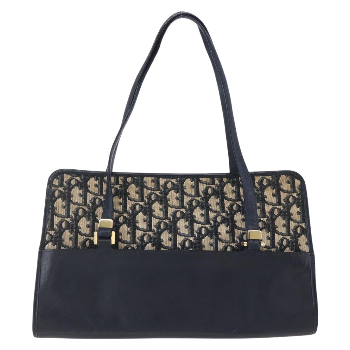 Christian Dior Trotter Canvas Hand Bag Navy Gold Auth 154735