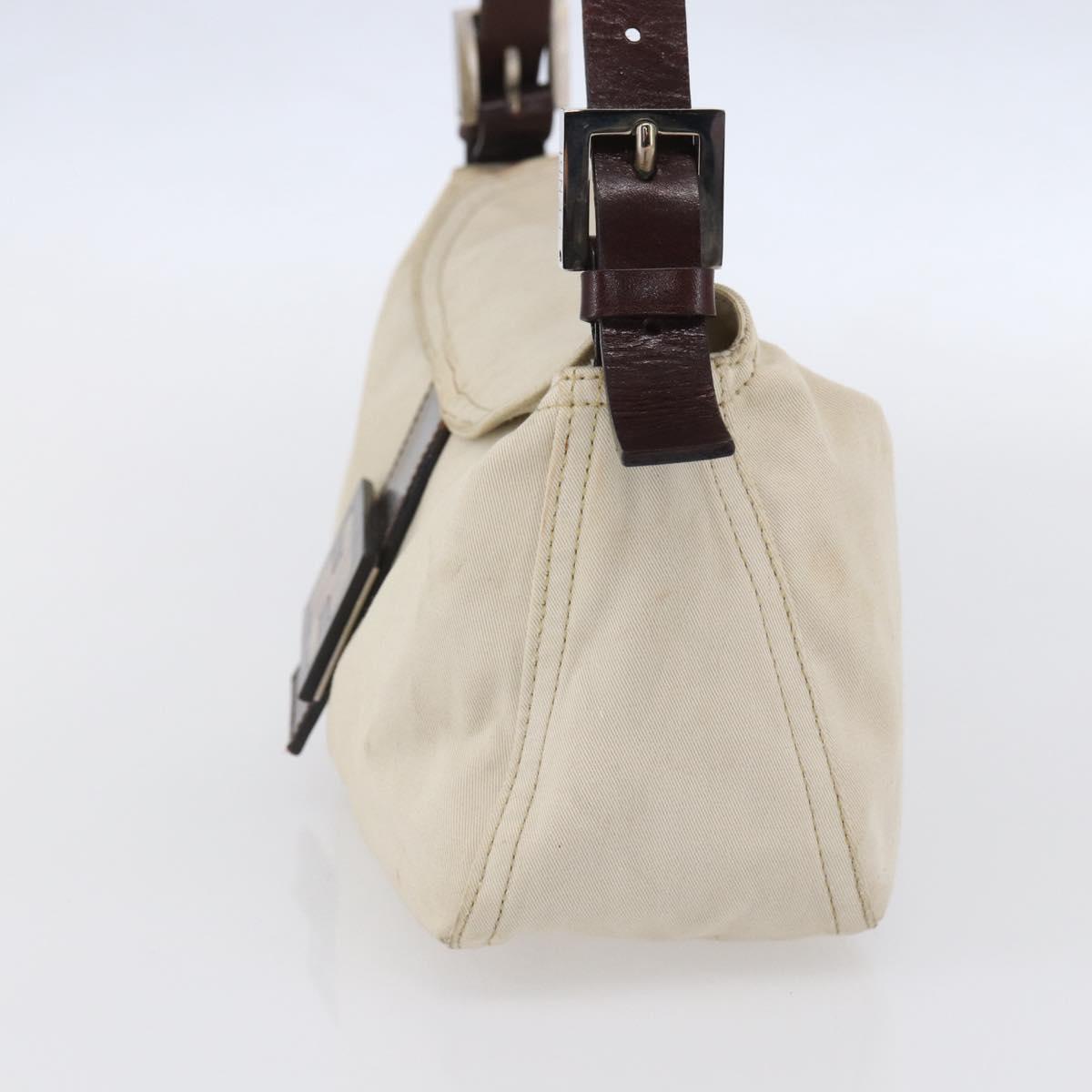 FENDI Mamma Baguette Shoulder Bag Canvas Leather Beige Silver Auth 154747