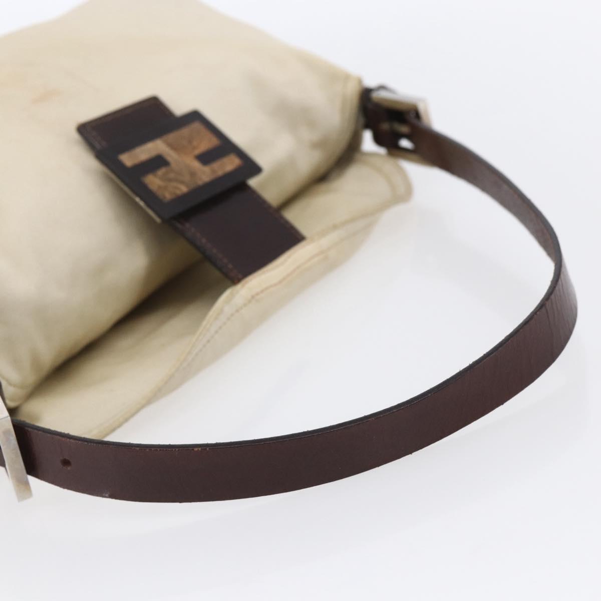 FENDI Mamma Baguette Shoulder Bag Canvas Leather Beige Silver Auth 154747