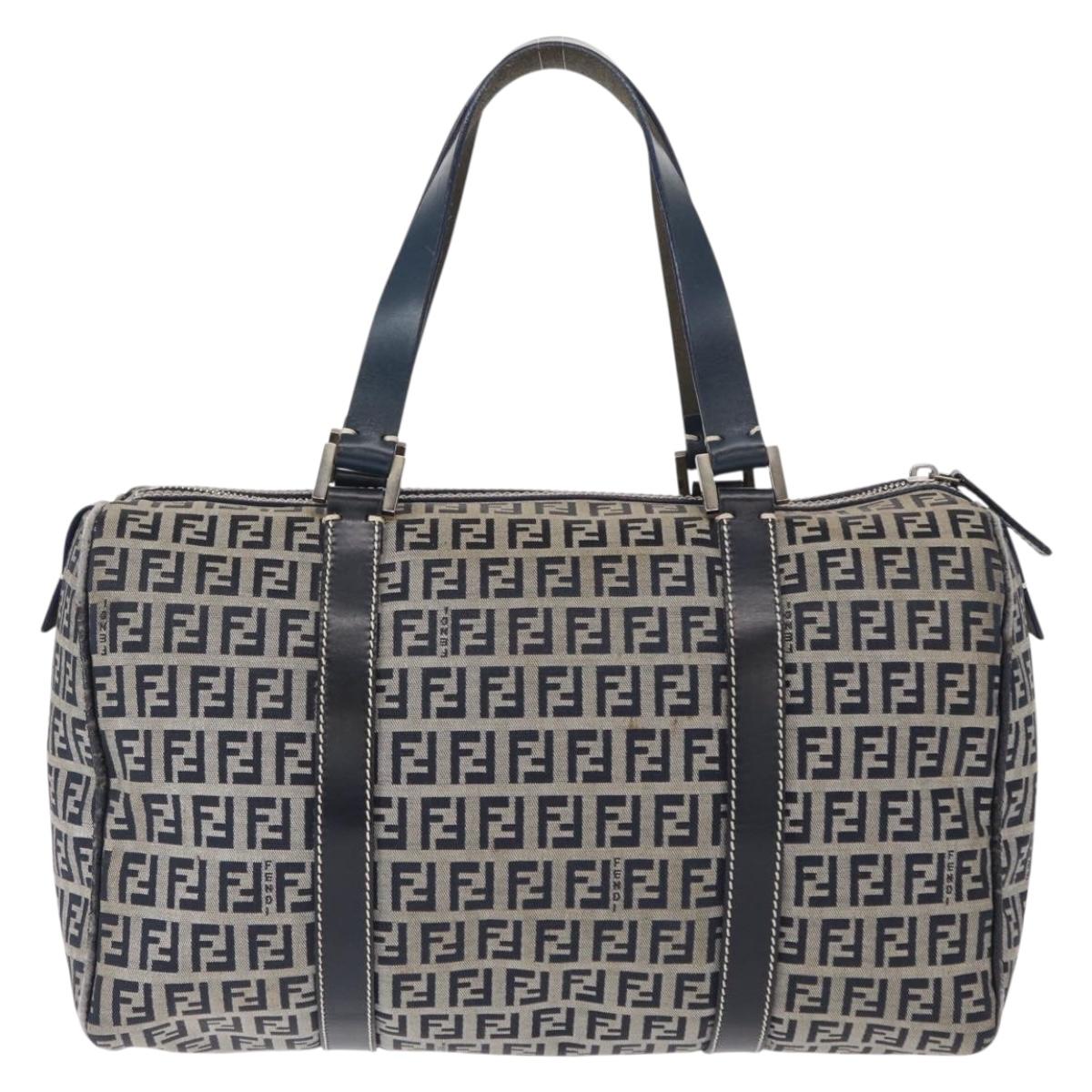 FENDI Zucchino Canvas Boston Bag Navy Silver Auth 154748