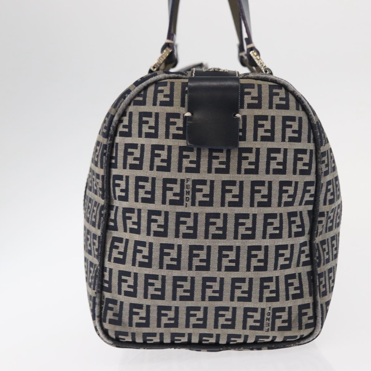 FENDI Zucchino Canvas Boston Bag Navy Silver Auth 154748