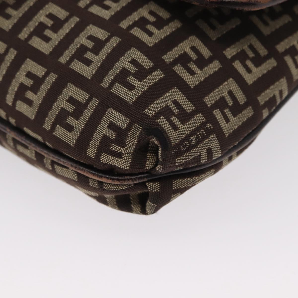 FENDI Zucchino Canvas Shoulder Bag Brown Silver Auth 154749