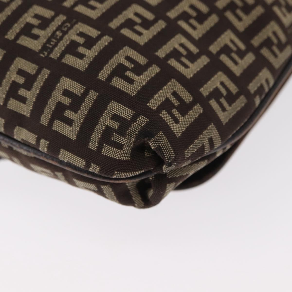 FENDI Zucchino Canvas Shoulder Bag Brown Silver Auth 154749