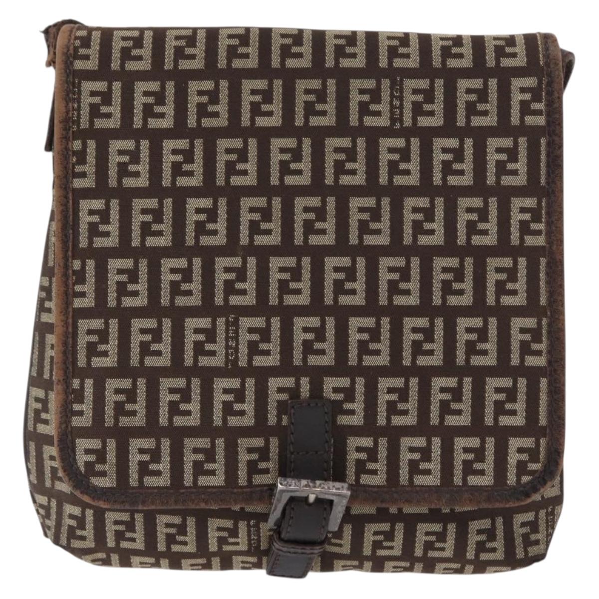 FENDI Zucchino Canvas Shoulder Bag Brown Silver Auth 154749