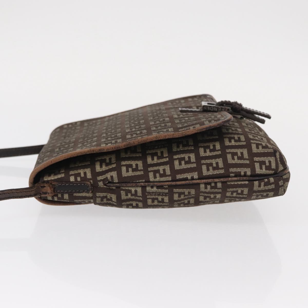 FENDI Zucchino Canvas Shoulder Bag Brown Silver Auth 154749