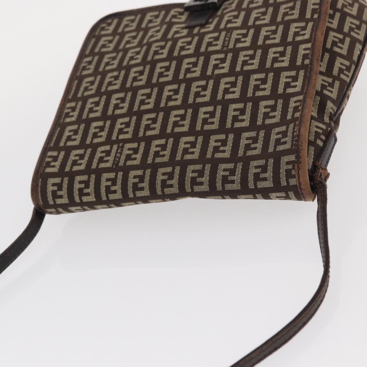 FENDI Zucchino Canvas Shoulder Bag Brown Silver Auth 154749
