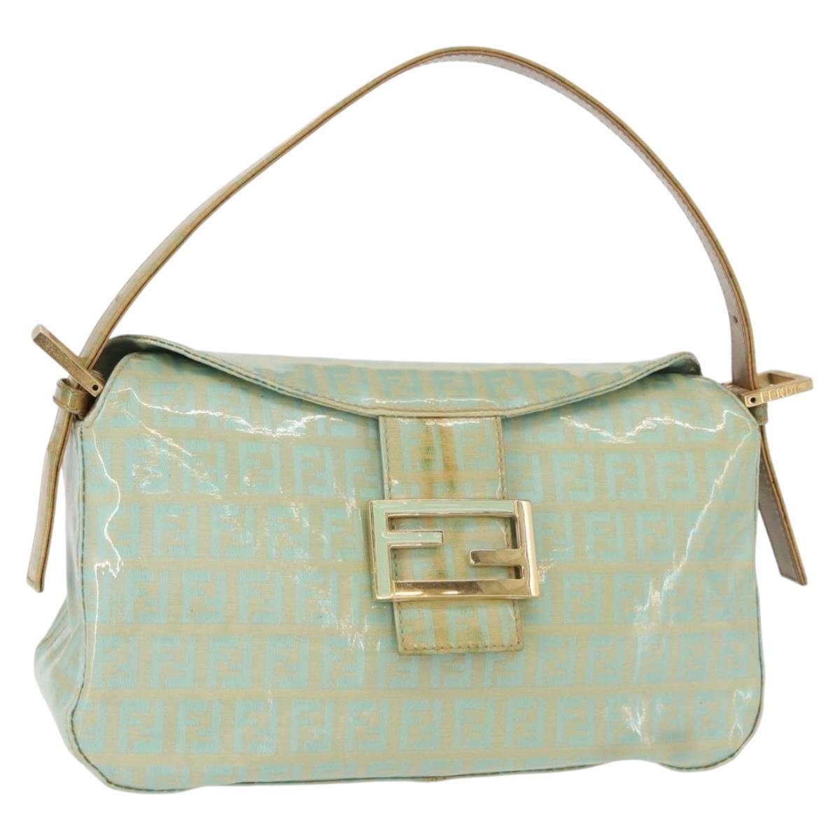 FENDI Zucchino Canvas Mamma Baguette Bag PVC Gold Light Green Auth 154750