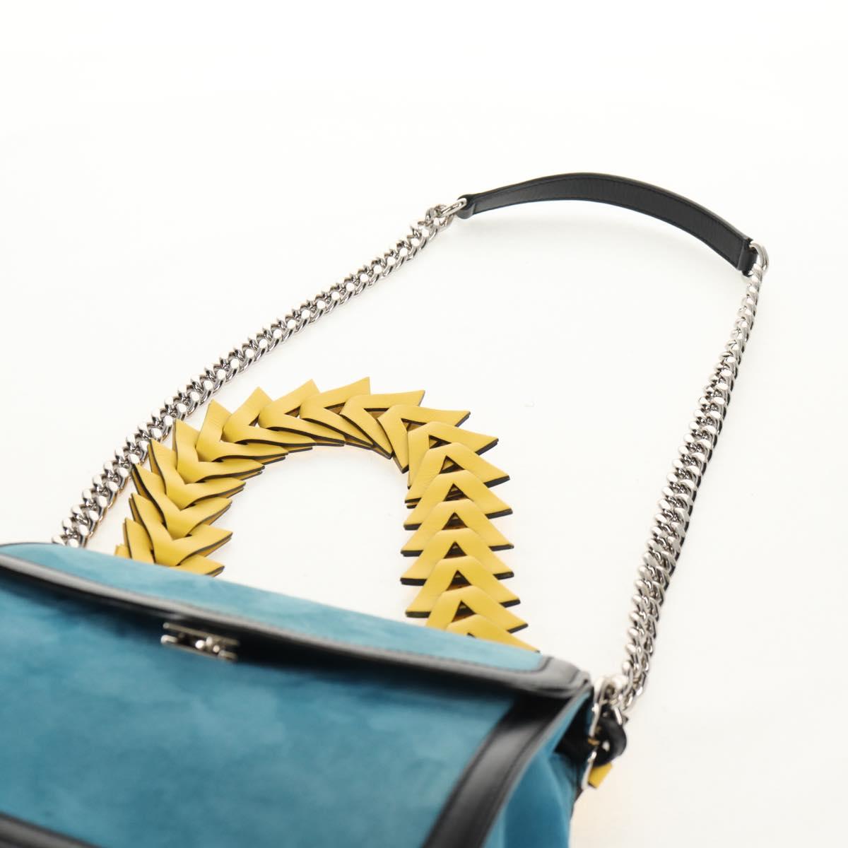 LOEWE V Anagram Chain Shoulder Bag Suede Leather 2way Blue Silver Auth 154755A