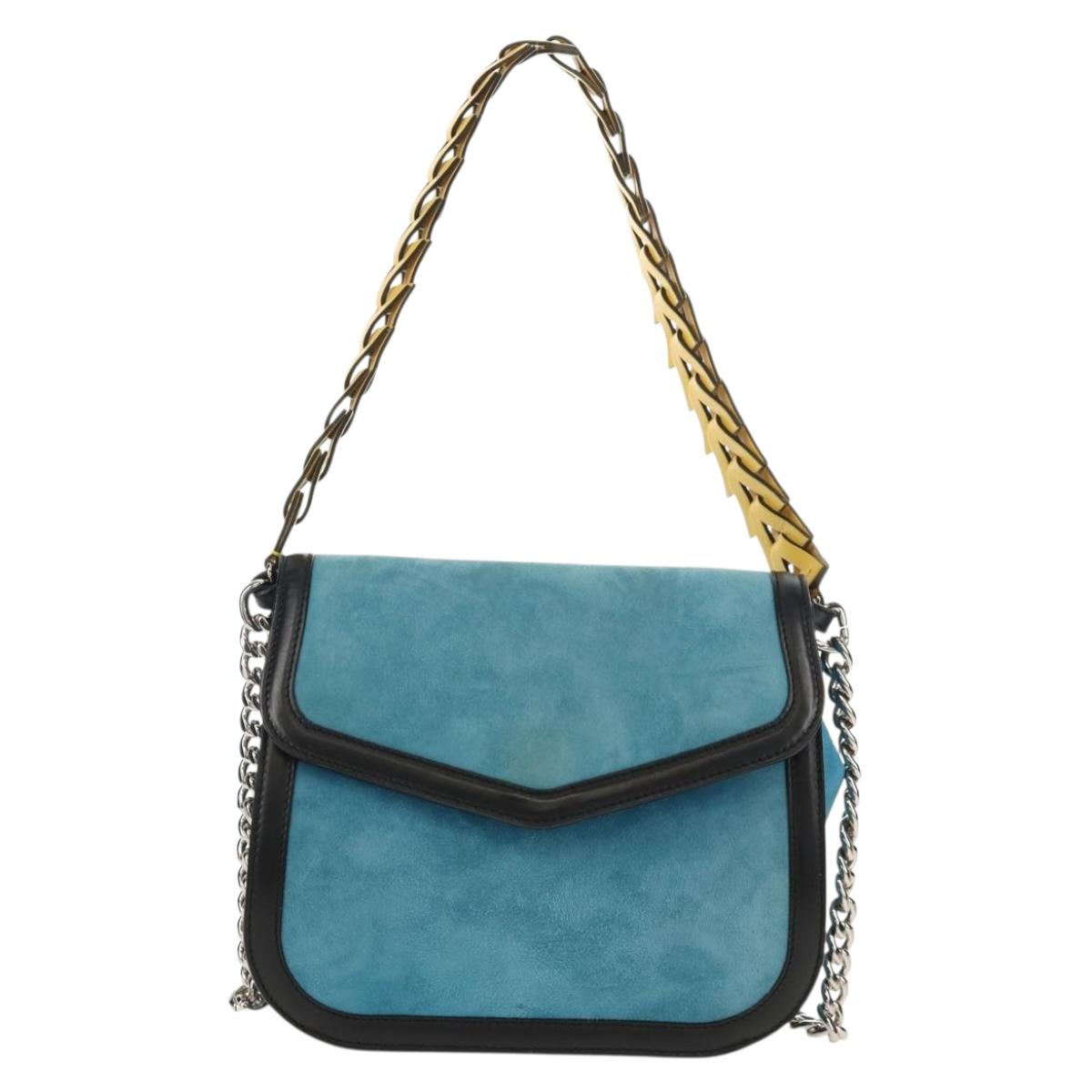 LOEWE V Anagram Chain Shoulder Bag Suede Leather 2way Blue Silver Auth 154755V