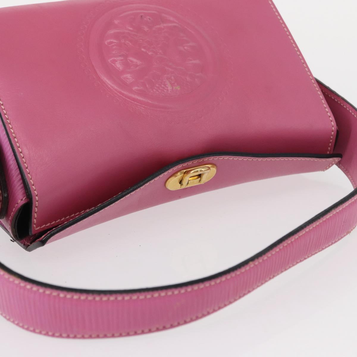 FENDI Greek Motif Hand Bag Leather Pink Gold Auth 154757