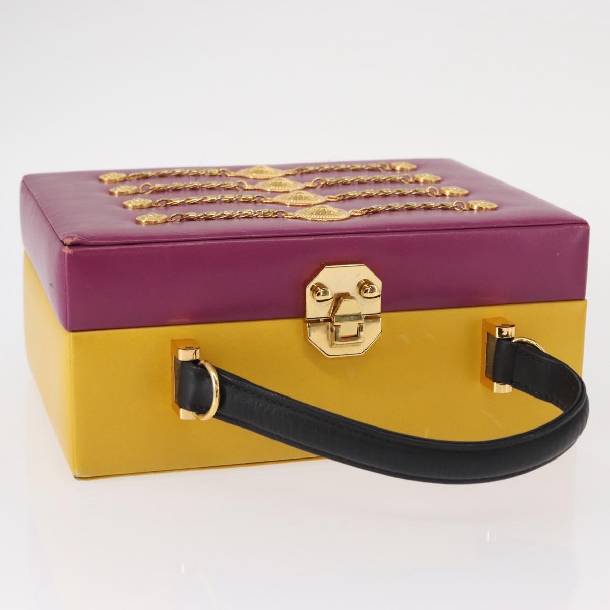 Gianni Versace Vanity Hand Bag Leather Yellow Purple gold Auth 154758