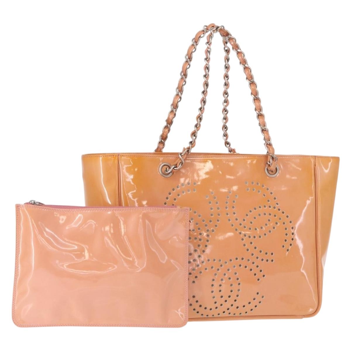 CHANEL Triple Coco Chain Tote Bag Patent leather Pink Silver CC Auth 154762