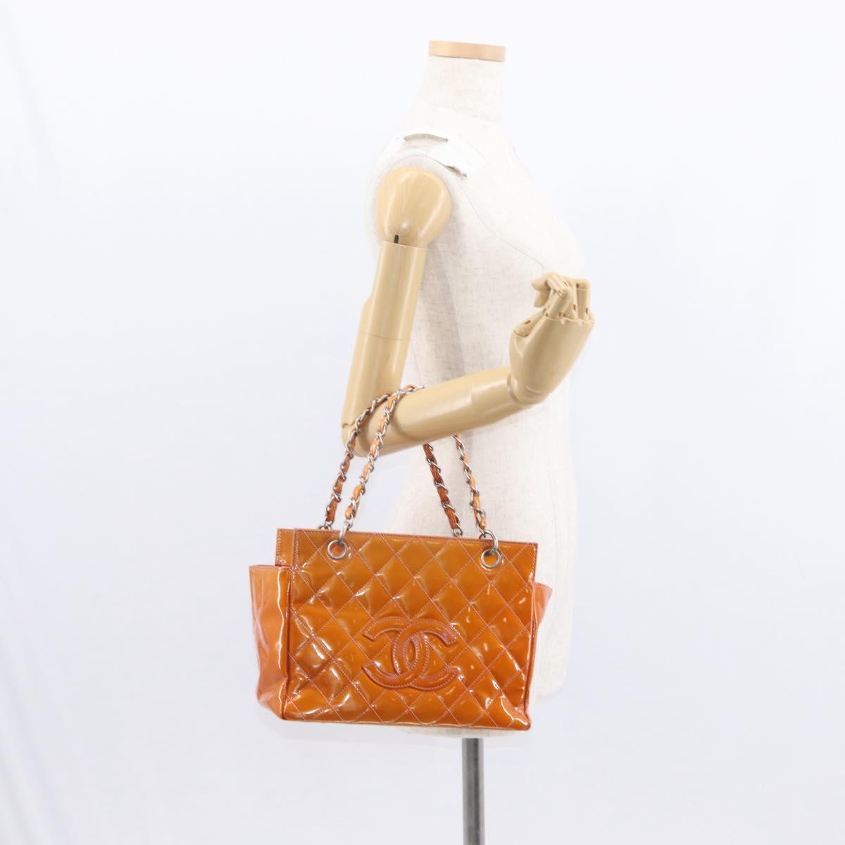 CHANEL Matelasse COCO Mark Chain Bag Patent Leather Orange Silver CC Auth 154766