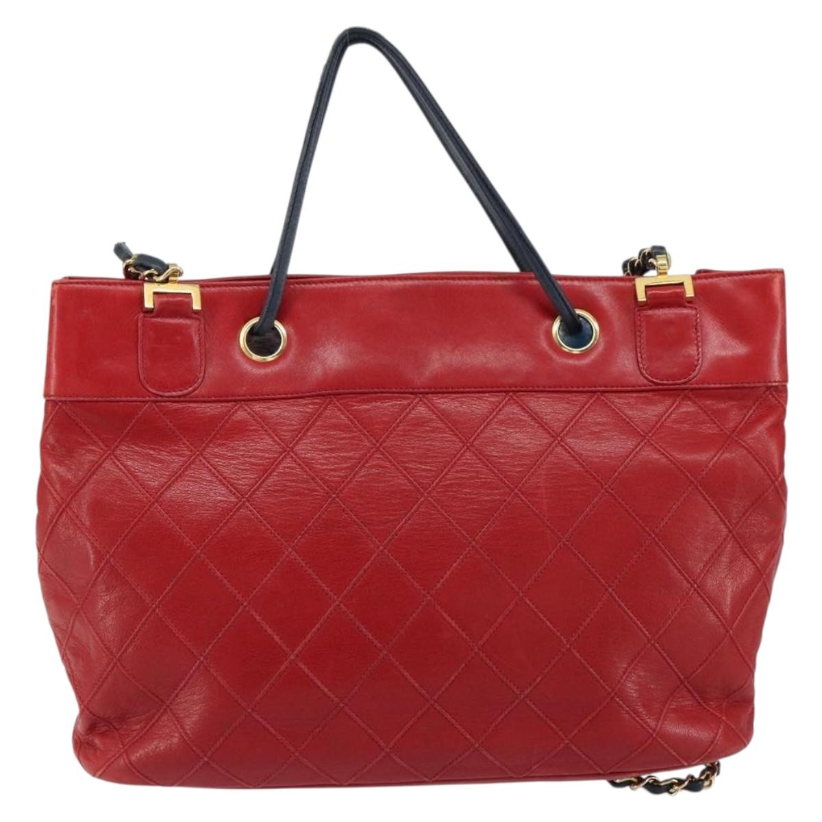 CHANEL Bicolore Chain Shoulder Bag Lamb Skin Red Gold CC Auth 154767