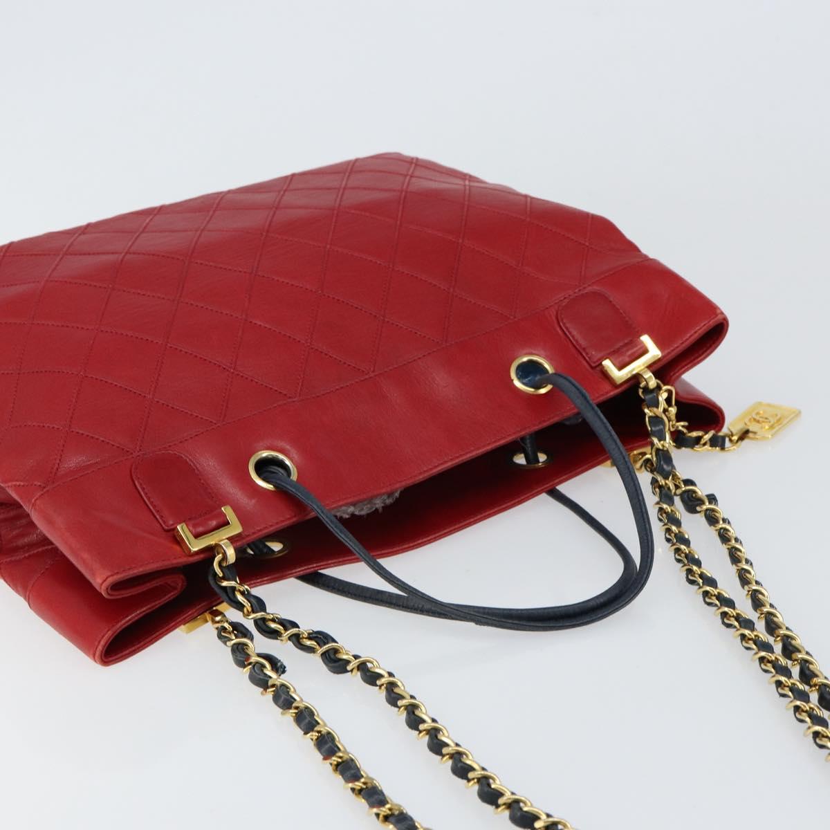 CHANEL Bicolore Chain Shoulder Bag Lamb Skin Red Gold CC Auth 154767