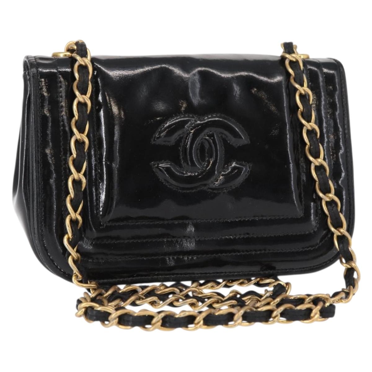 CHANEL COCO Mark Chain Shoulder Bag Enamel Black Gold CC Auth 154768