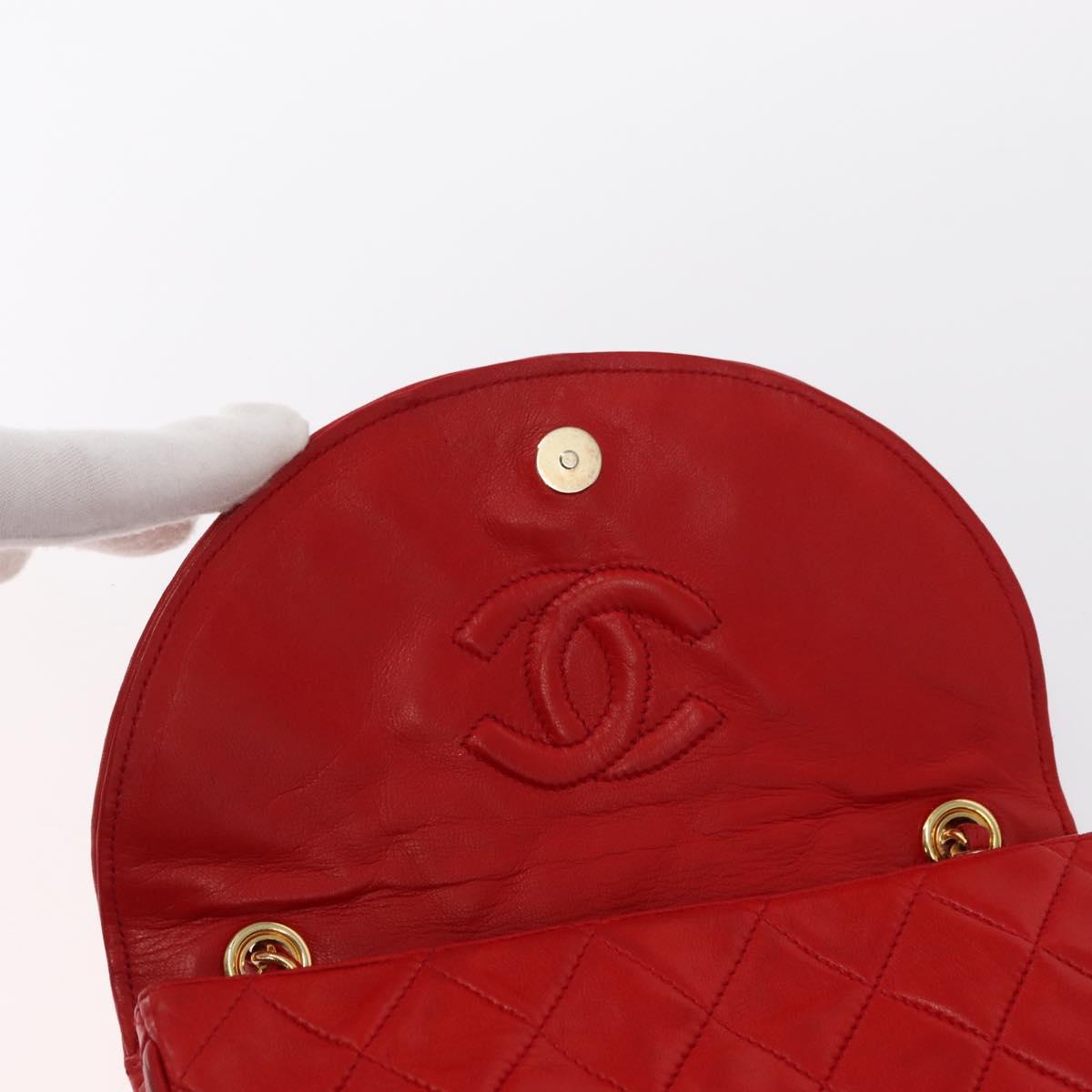 CHANEL Matelasse Camellia Chain Shoulder Bag Lamb Skin Red Gold CC Auth 154769