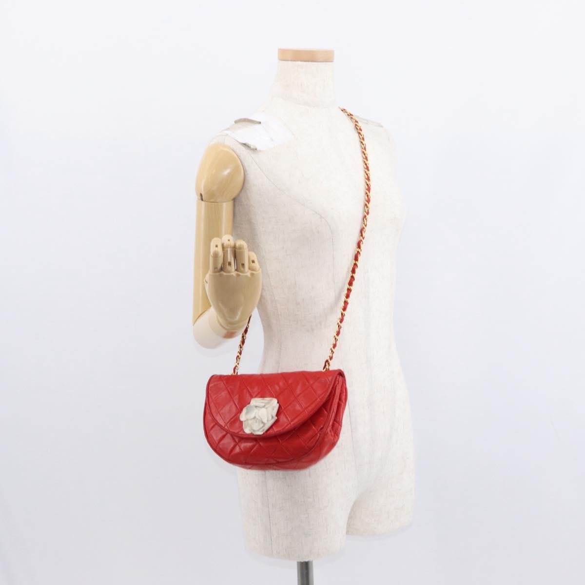CHANEL Matelasse Camellia Chain Shoulder Bag Lamb Skin Red Gold CC Auth 154769