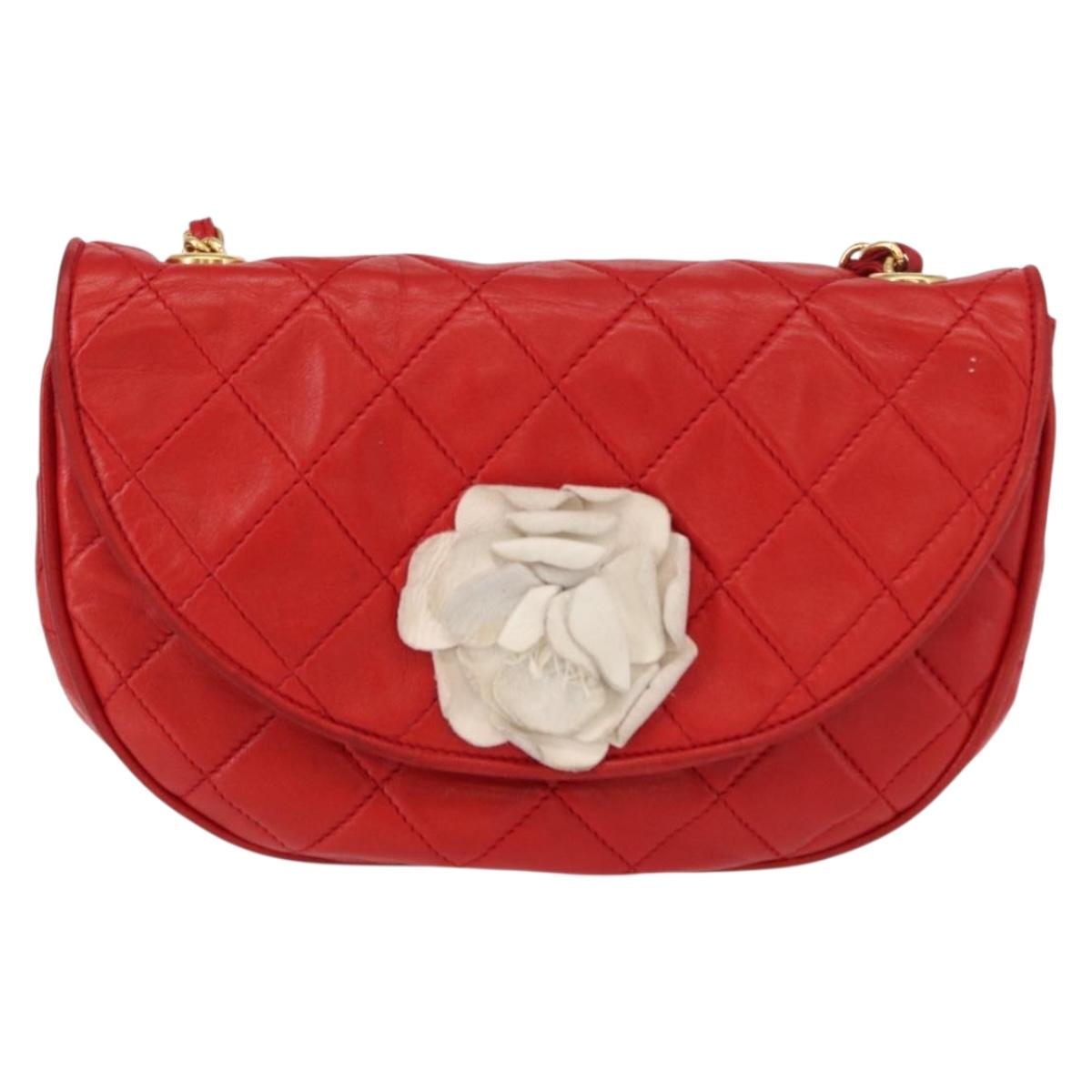 CHANEL Matelasse Camellia Chain Shoulder Bag Lamb Skin Red Gold CC Auth 154769