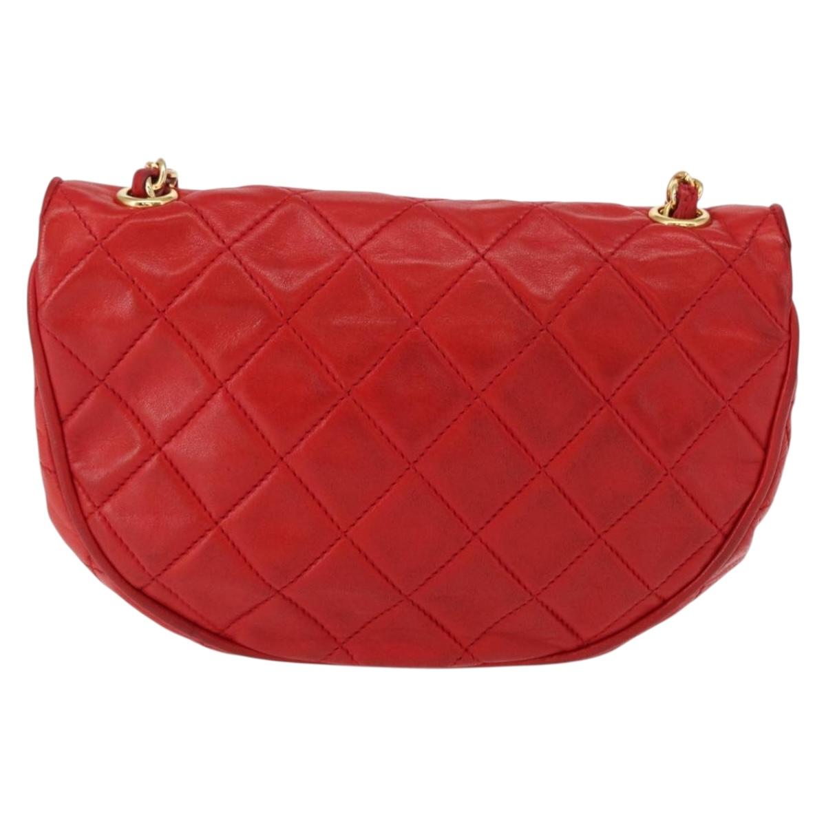 CHANEL Matelasse Camellia Chain Shoulder Bag Lamb Skin Red Gold CC Auth 154769