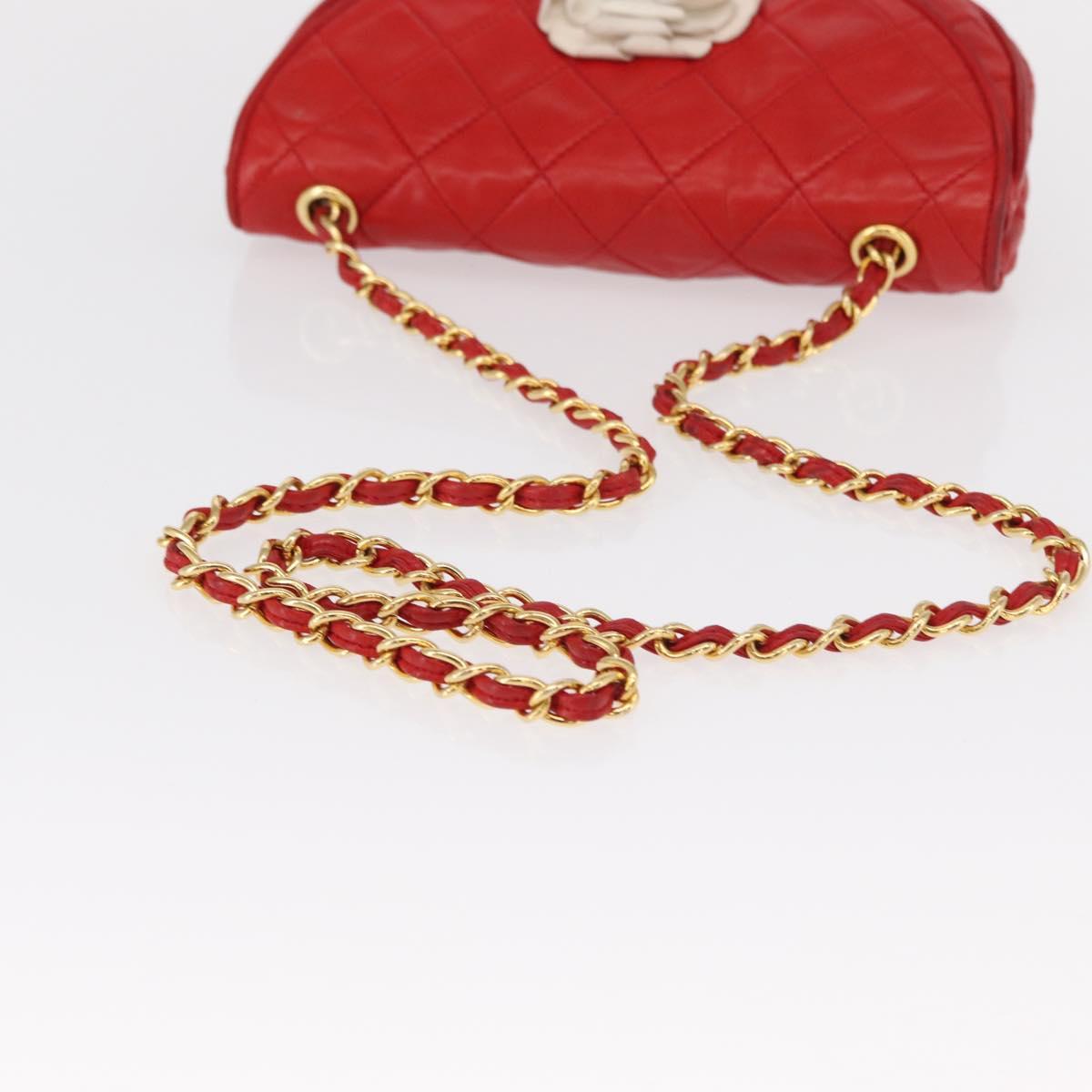 CHANEL Matelasse Camellia Chain Shoulder Bag Lamb Skin Red Gold CC Auth 154769