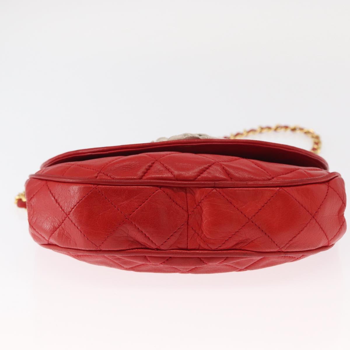 CHANEL Matelasse Camellia Chain Shoulder Bag Lamb Skin Red Gold CC Auth 154769