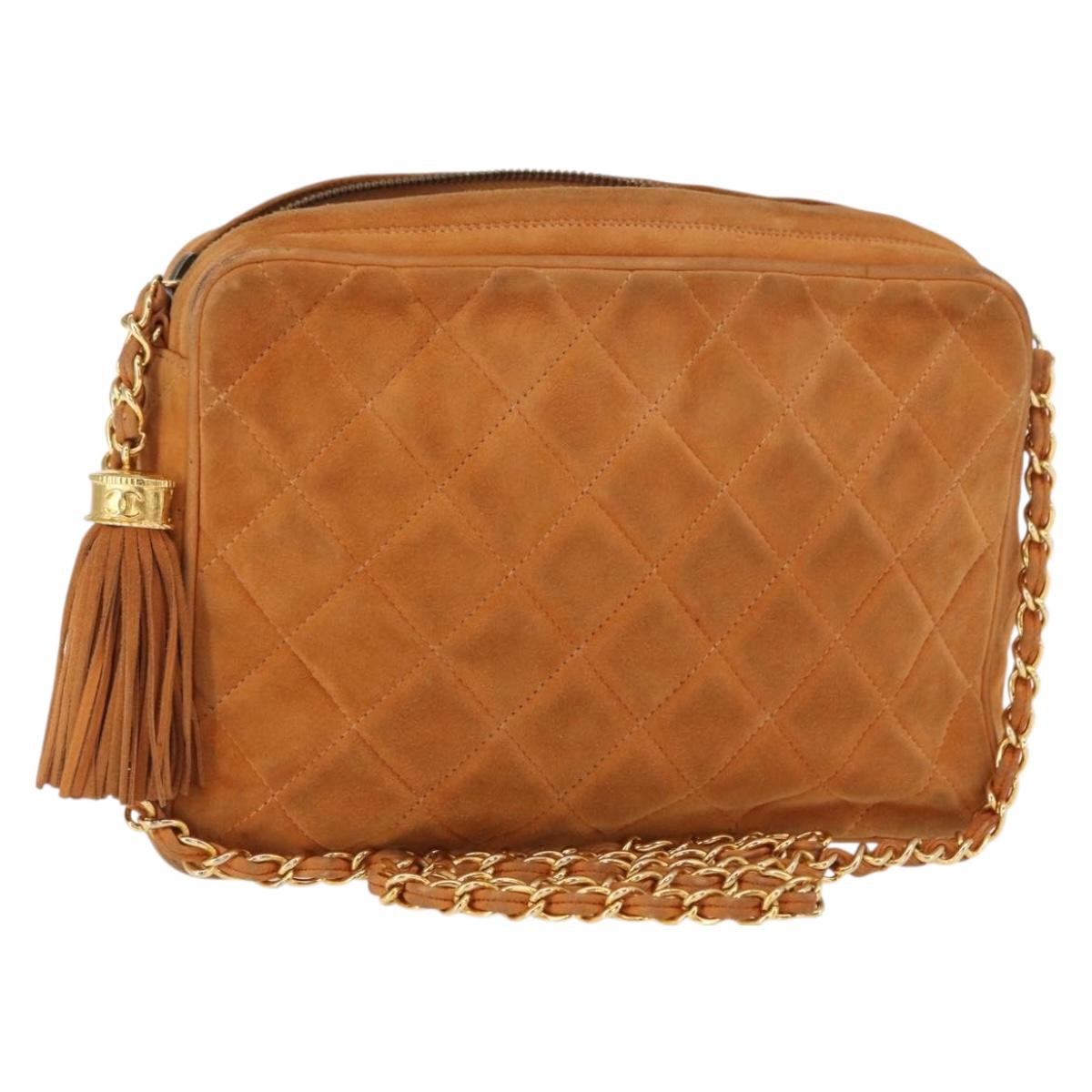 CHANEL Matelasse Chain Shoulder Bag Suede Beige gold CC Auth 154770