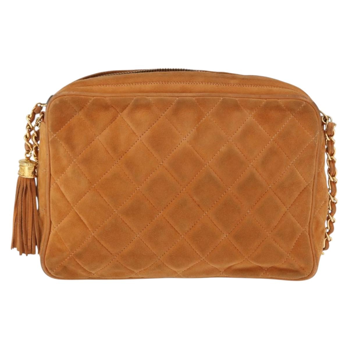 CHANEL Matelasse Chain Shoulder Bag Suede Beige gold CC Auth 154770