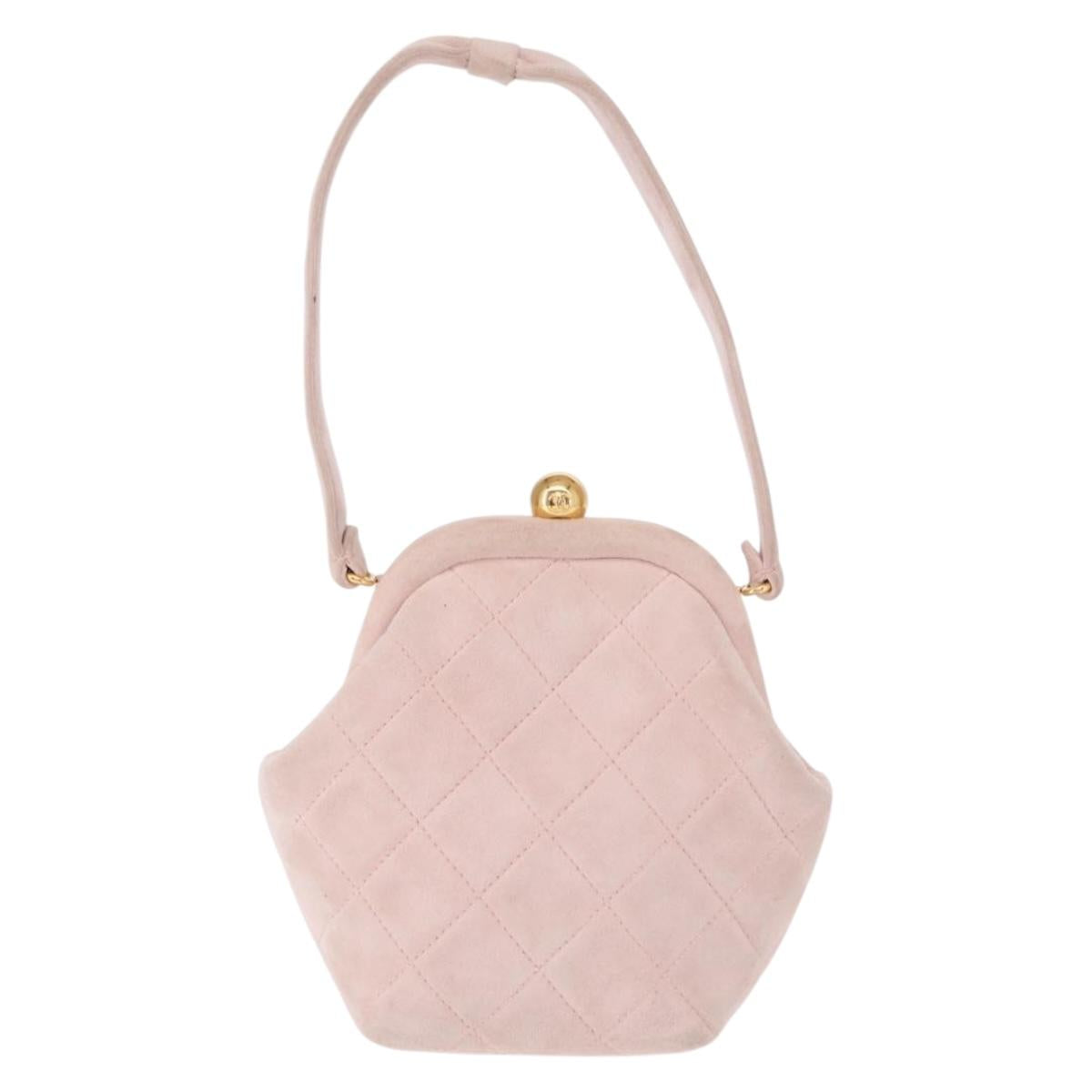 CHANEL Matelasse Hand Bag Suede Pink Gold CC Auth 154898