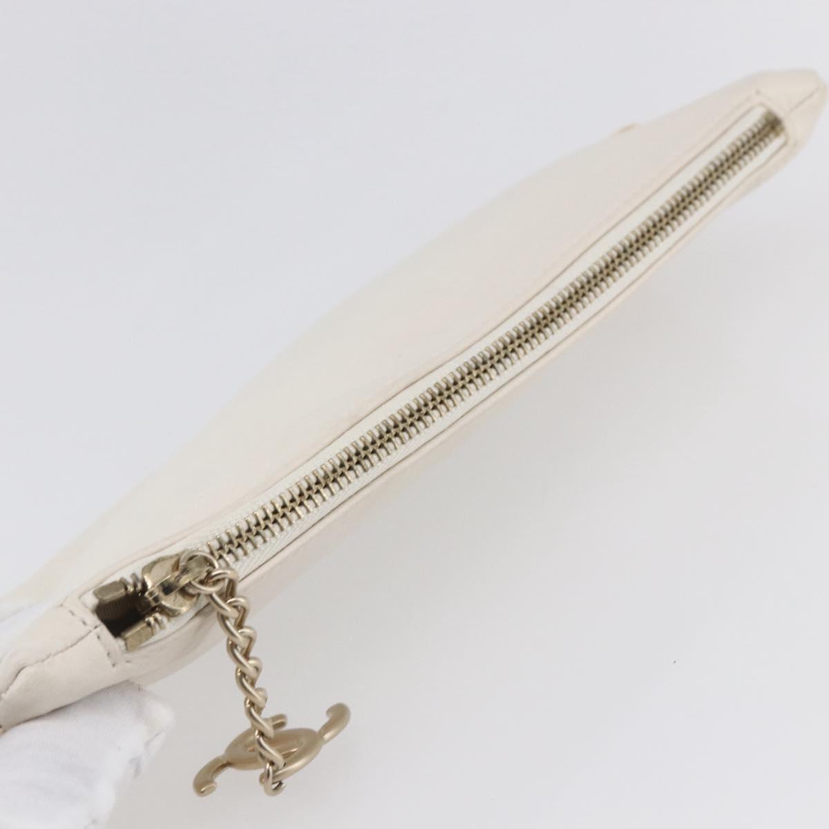 CHANEL Camelia Pouch Leather Ivory Gold CC Auth 154902