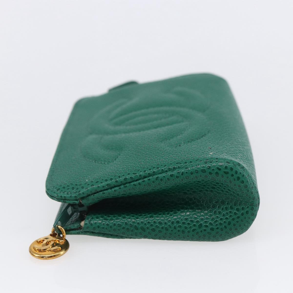 CHANEL COCO Mark Pouch Caviar Skin Green Gold CC Auth 154903