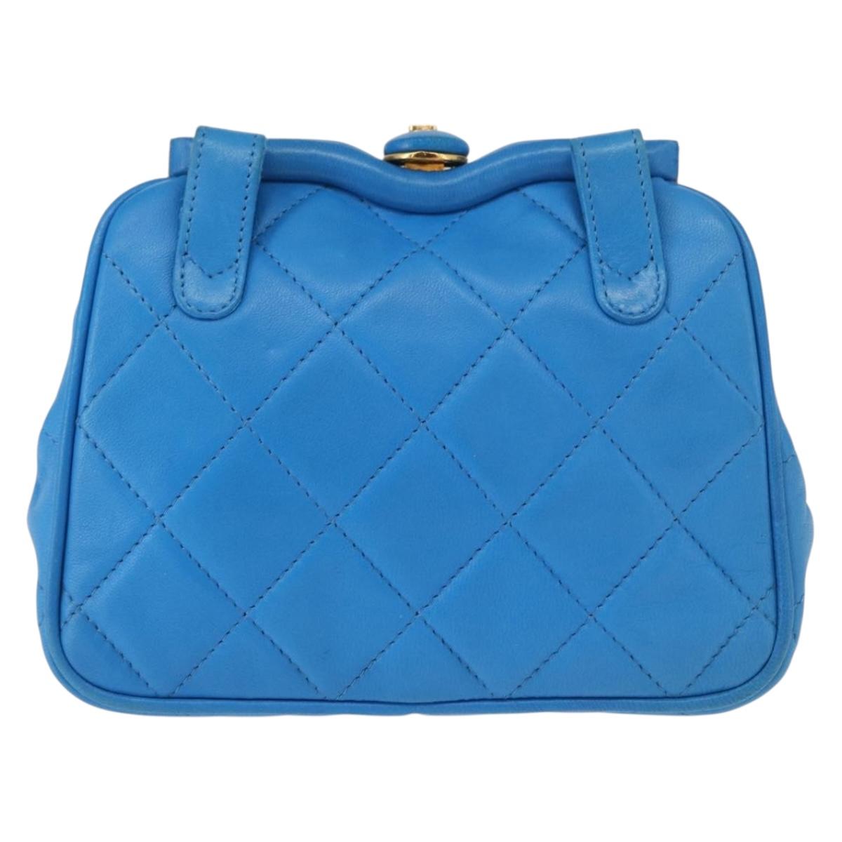 CHANEL Matelasse COCO Mark Pouch Lamb Skin Blue Gold CC Auth 154906