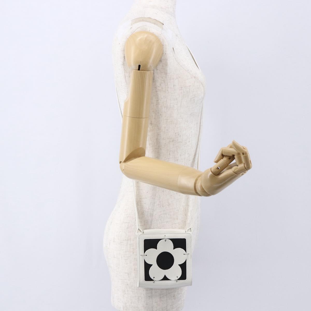 CELINE Flower Shoulder Pouch Leather White Silver Auth 154908