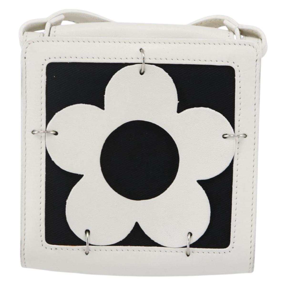 CELINE Flower Shoulder Pouch Leather White Silver Auth 154908