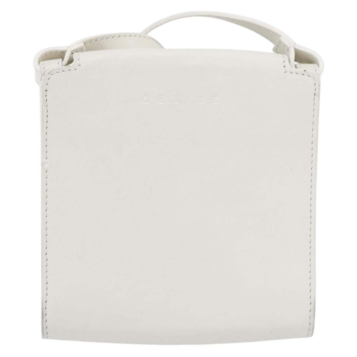 CELINE Flower Shoulder Pouch Leather White Silver Auth 154908