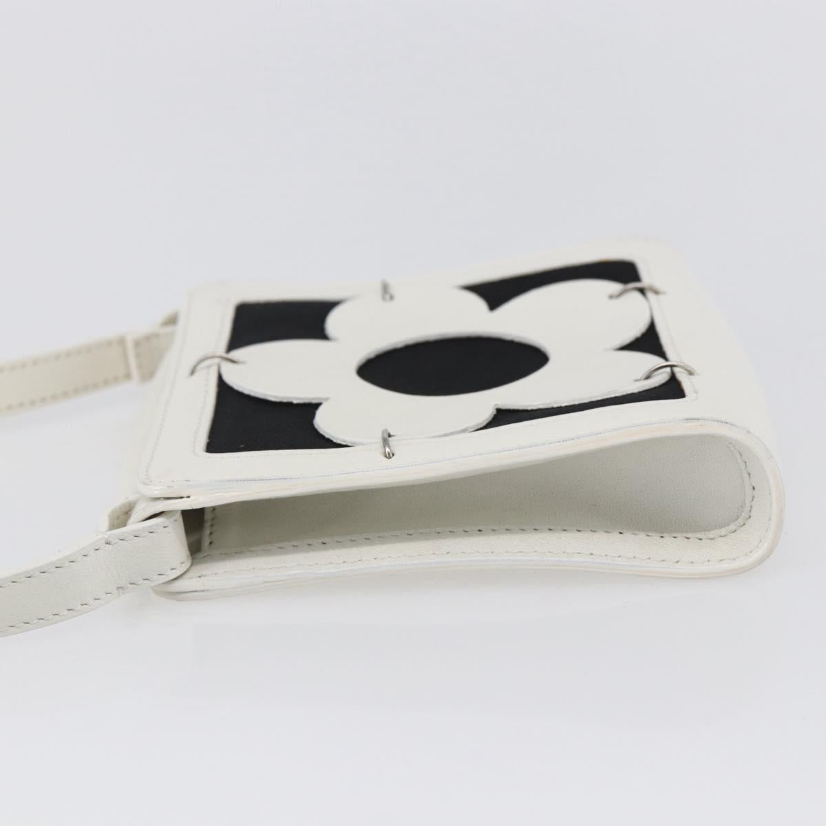 CELINE Flower Shoulder Pouch Leather White Silver Auth 154908